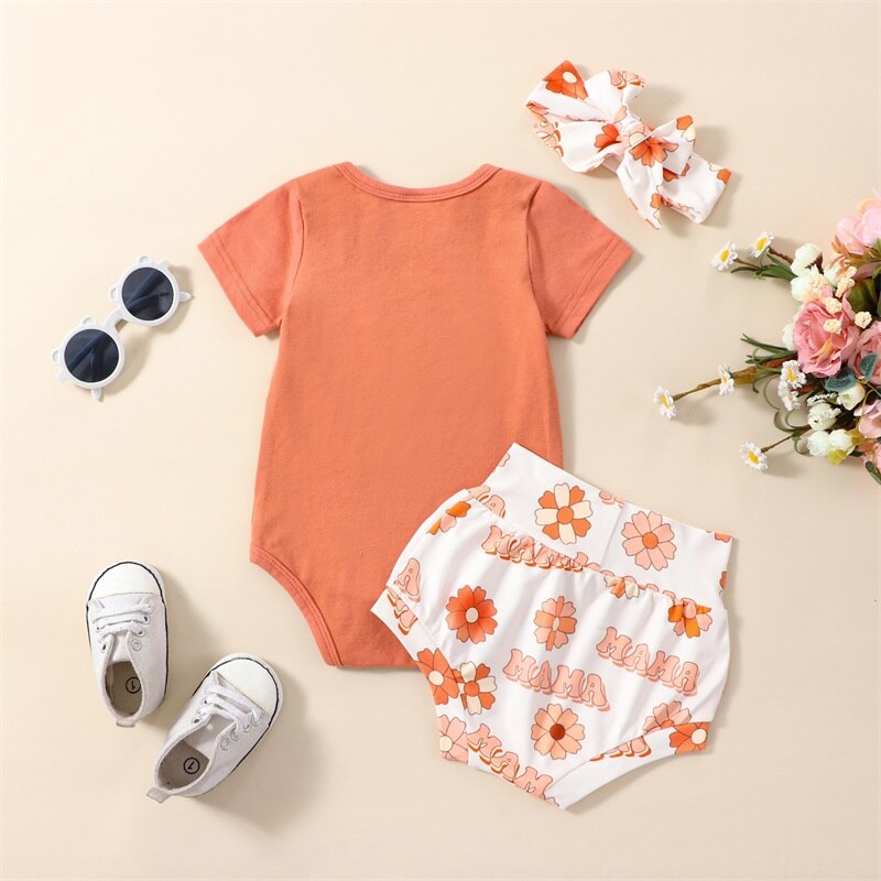 Adorable Infant Toddler Baby Girls Summer Clothes Sets with Letter Print Bodysuits and Floral Shorts