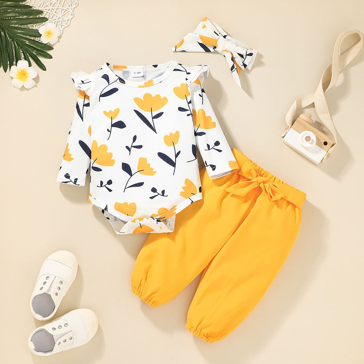3Pcs Set Infant Toddler Printed Long Sleeve Romper + Trousers +Bandana Newborn Baby Clothes for Girl Cotton Casual Fashion