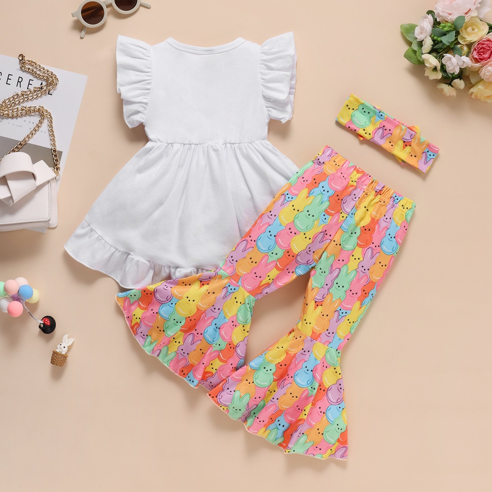 Baby Girl Easter Bunny Outfit - Sleeveless Top and Bell Bottom Pants