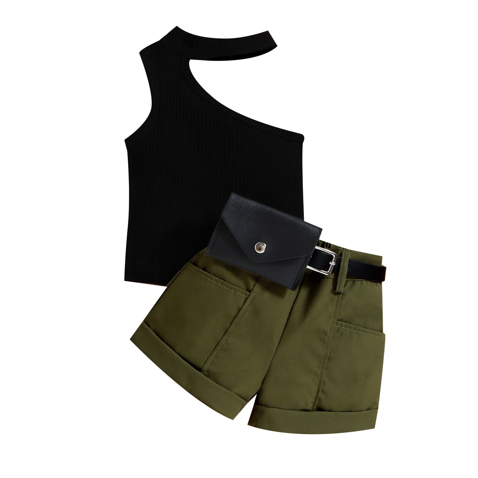 Stylish 0-4Y Little Girl Three-Piece Outfits Sets with One Shoulder Tops and Belts