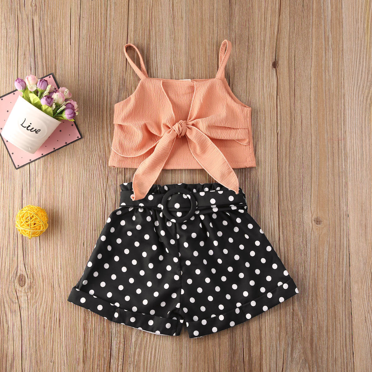 Toddler Baby Girl Summer Clothes Set - Solid Color Strap Bowknot Crop Tops Polka Dot Short Pants 2Pcs Outfits