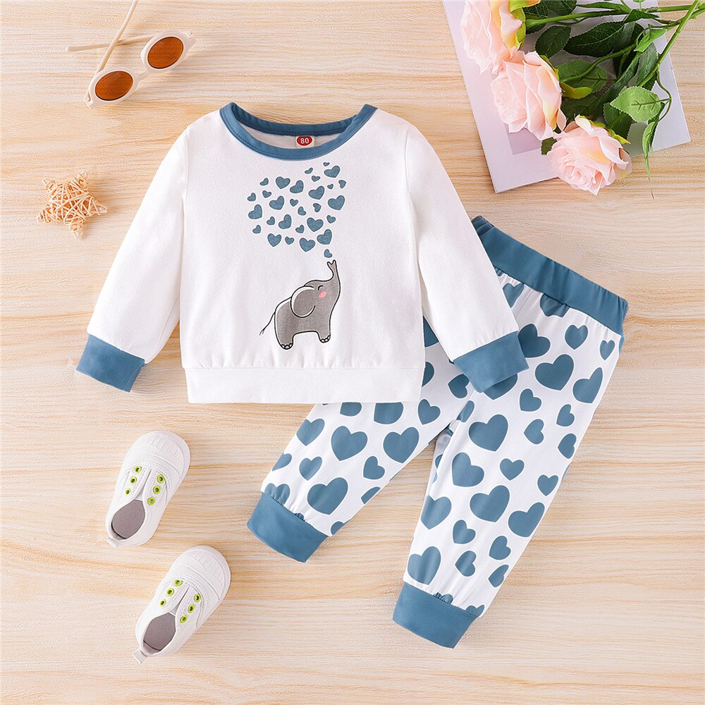 Adorable 2-Piece Love Heart Elephant Printed Toddler Girls Clothing Set