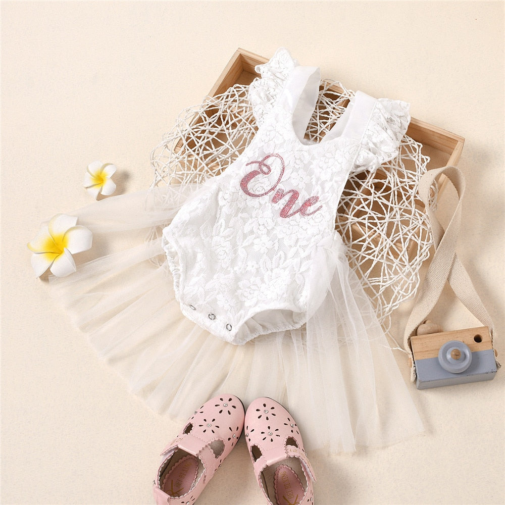 Floral Lace Embroidered Girls Bodysuit Dress for Baby's First Birthday