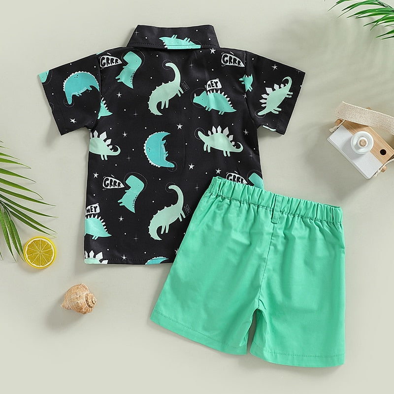 Cool Dino Style: Boys' Summer Outfit with Printed Shirt and Solid Shorts