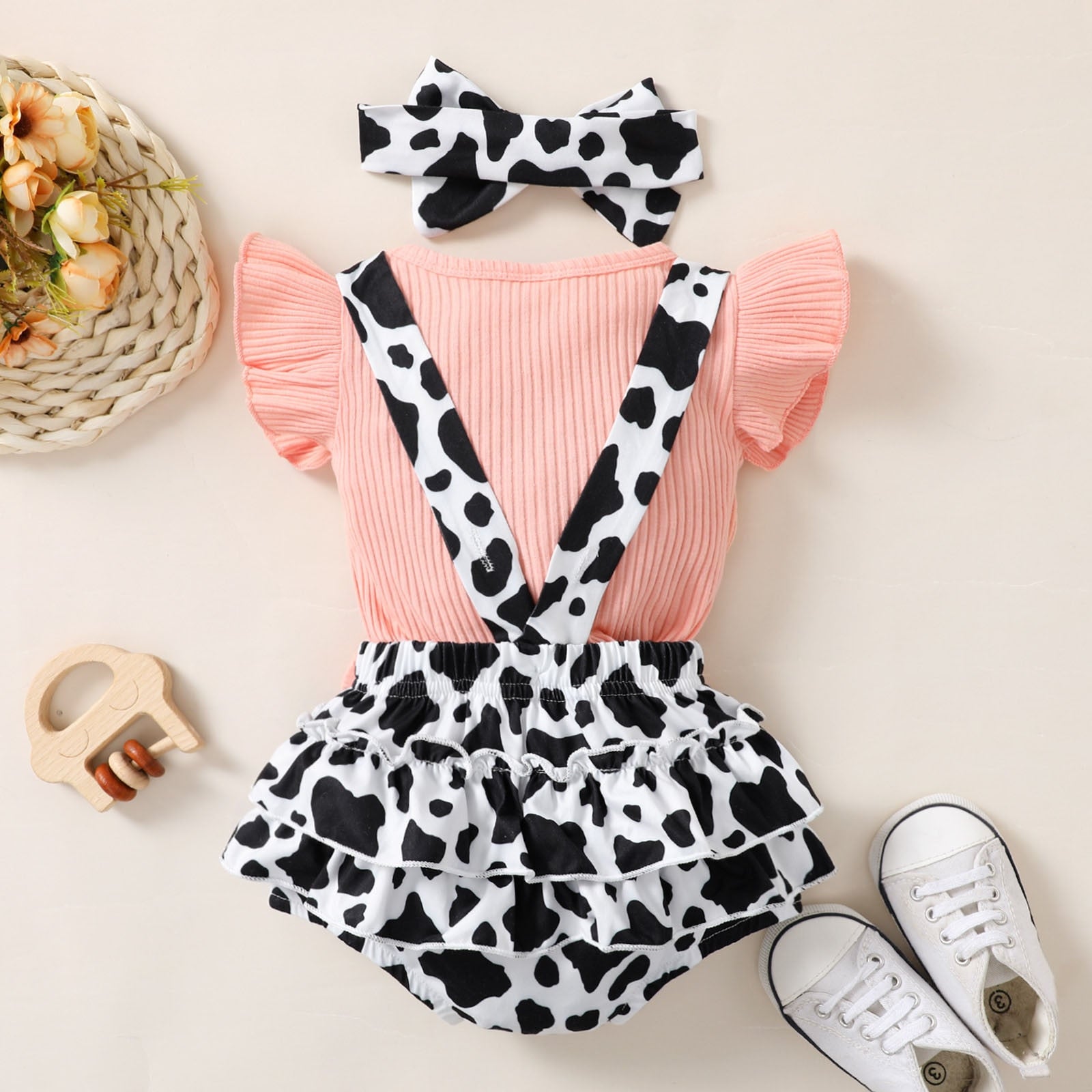 Newborn Baby Girl Clothes Sets Fly Sleeve Ribbed Top + Bowknot Suspenders Shorts+Headband 3PCS Outfit