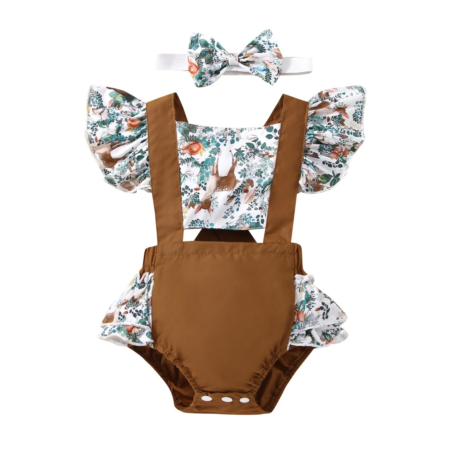 Adorable Newborn Baby Girls Romper with Flying Sleeves and Animal/Flower Print