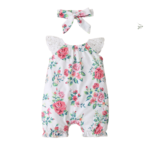 Adorable Floral Sleeveless Baby Rompers with Lace Details for Newborn Girls