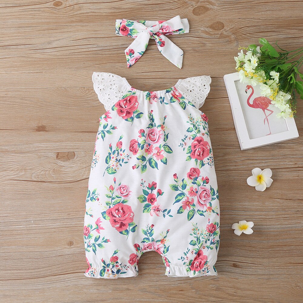 Adorable Floral Sleeveless Baby Rompers with Lace Details for Newborn Girls