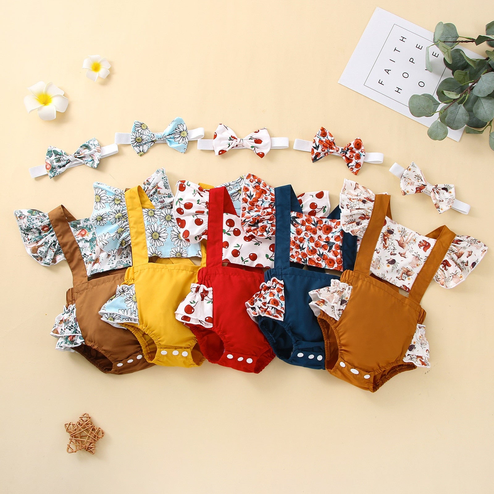 Adorable Newborn Baby Girls Romper with Flying Sleeves and Animal/Flower Print