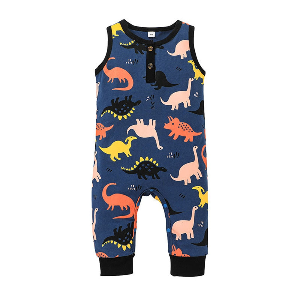 Adorable Dinosaur Printed Sleeveless Baby Rompers for Summer