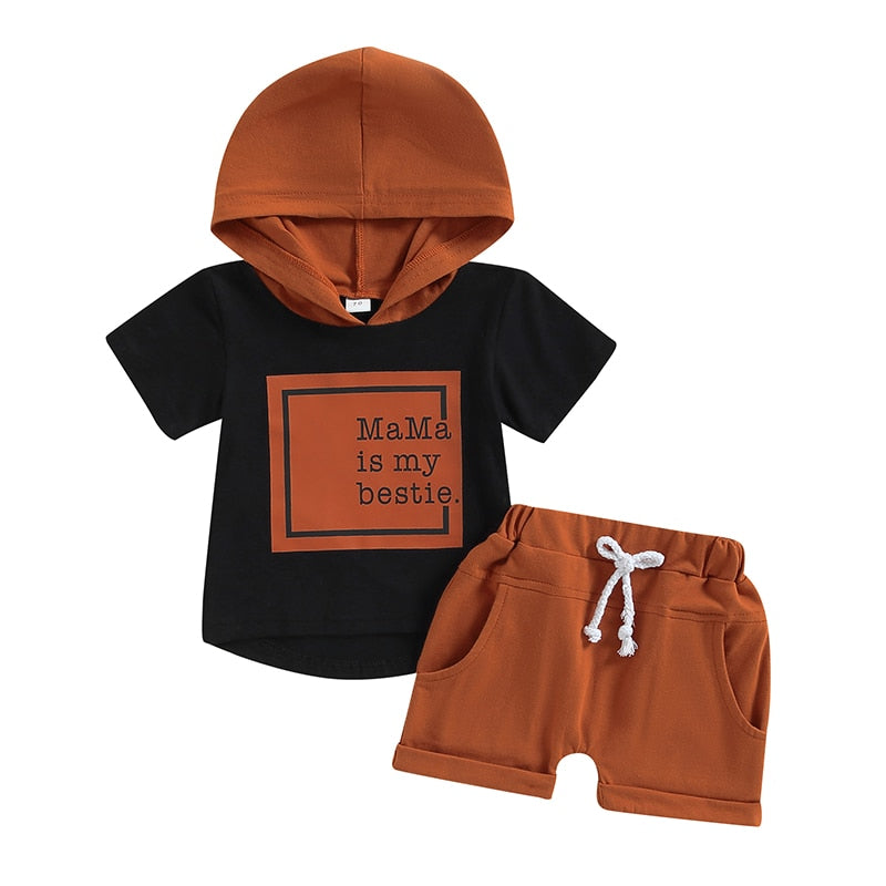 Trendy Summer Clothes Sets for Boys: Letter Print Patchwork Short Sleeve Hooded T-shirts+Shorts Tracksuits