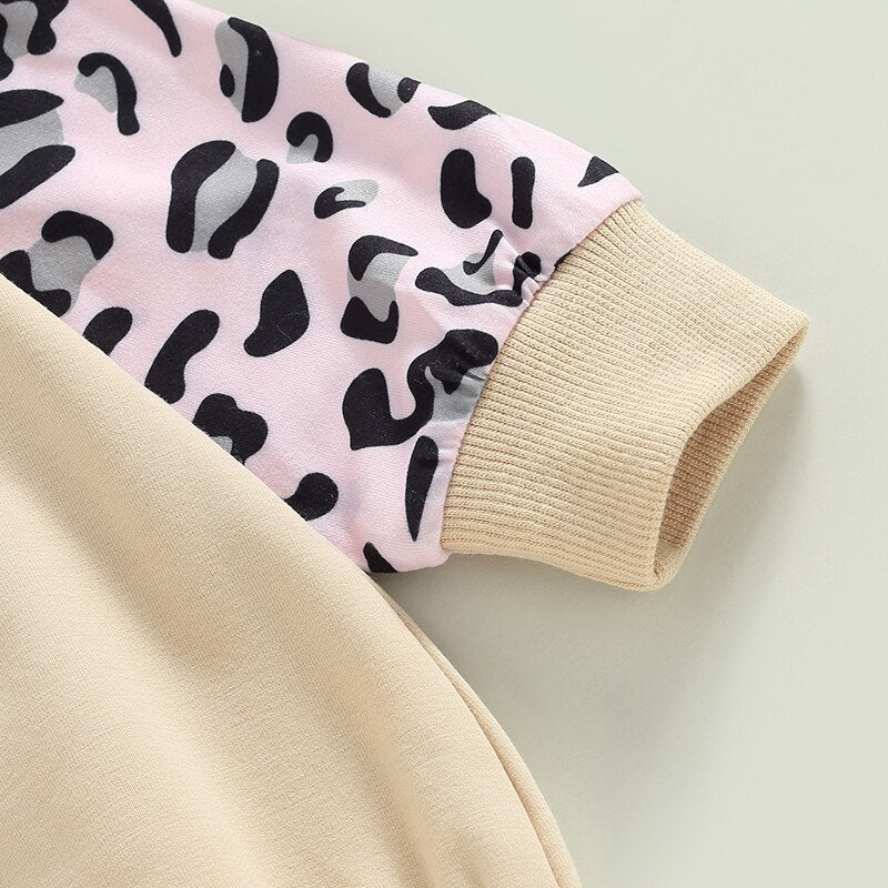 Fashionable Leopard Patchwork Sweatshirts Jumpsuits for Newborn Baby Girls