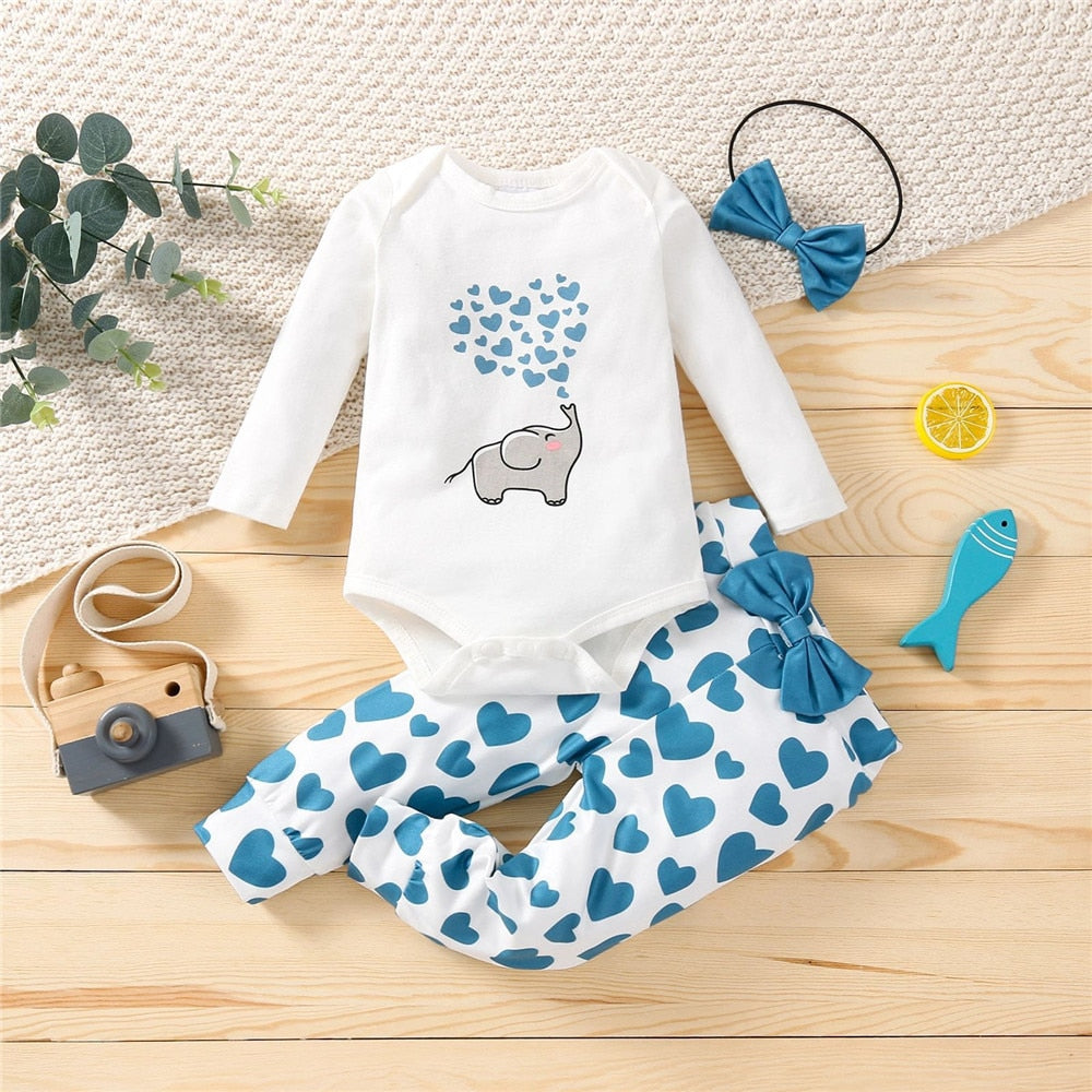 Love Elephant Print Newborn Girls Valentine's Day Outfit