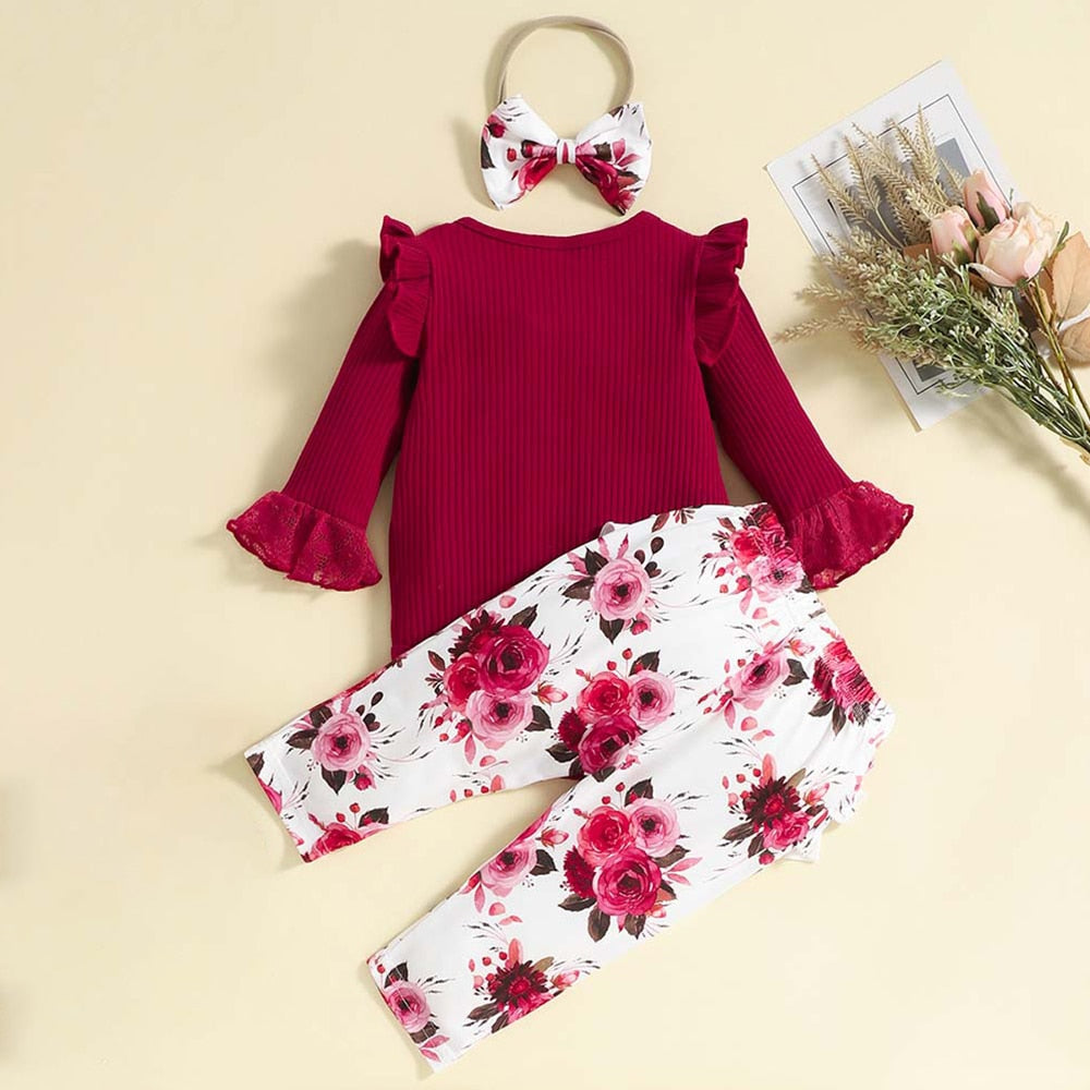 Cute and Comfortable 3-Piece Set for Newborn Baby Girls: Romper, Pants, and Headband