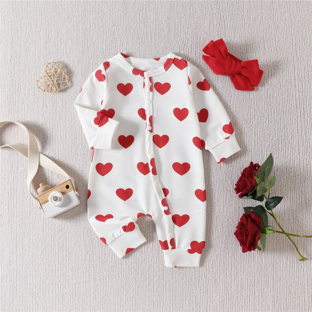 Adorable Heart Print Baby Rompers for Valentine's Day