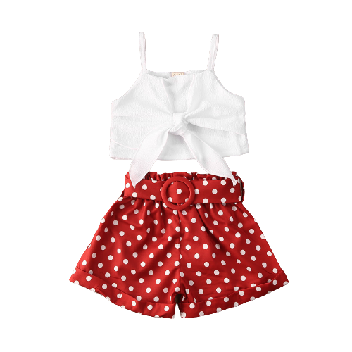 Toddler Baby Girl Summer Clothes Set - Solid Color Strap Bowknot Crop Tops Polka Dot Short Pants 2Pcs Outfits