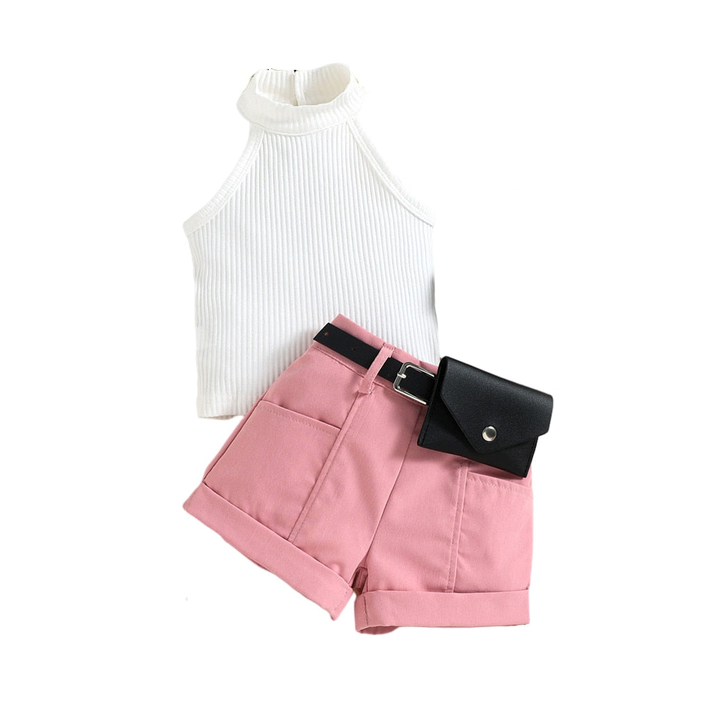 Fashionable Toddler Girls Clothes Set Halterneck Top + Shorts + Belt Bag