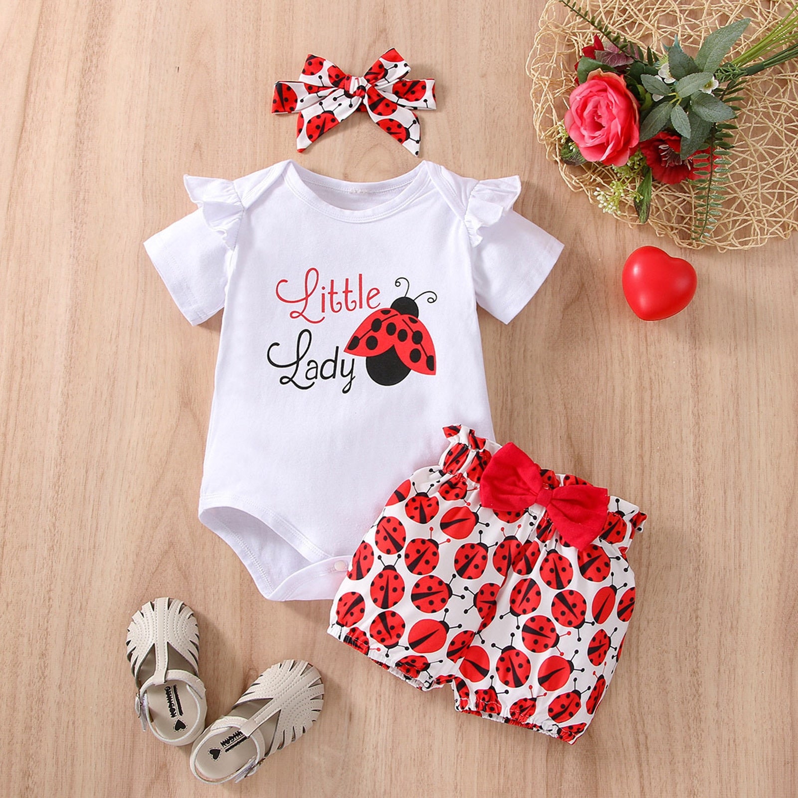 Adorable Ladybug Baby Clothes Set for Girls: Romper, Shorts, and Headband