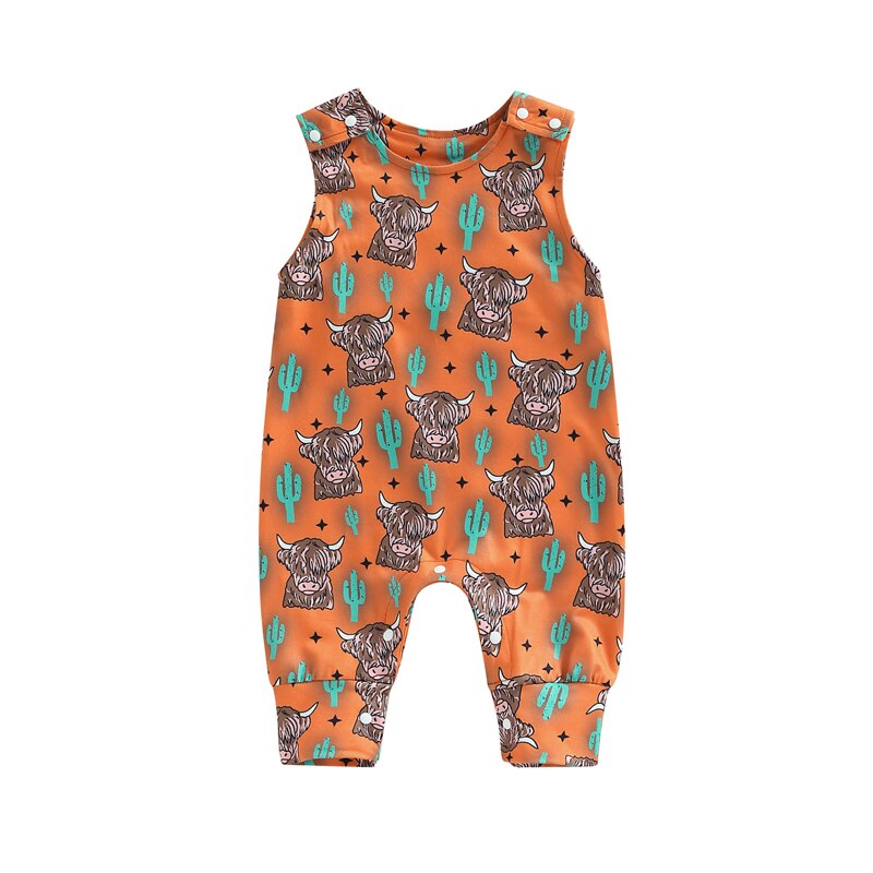 Cute and Trendy Baby Boys' Summer Clothing: Sleeveless Cartoon Cattle and Cactus Print Rompers with Long Pants