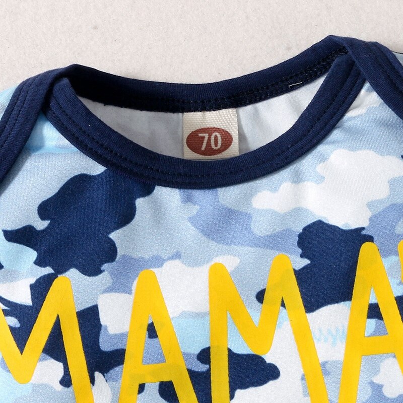 Newborn Baby Boy 2PCS Clothes Set Letter Print Blue Camouflage Short Sleeve Romper + Shorts