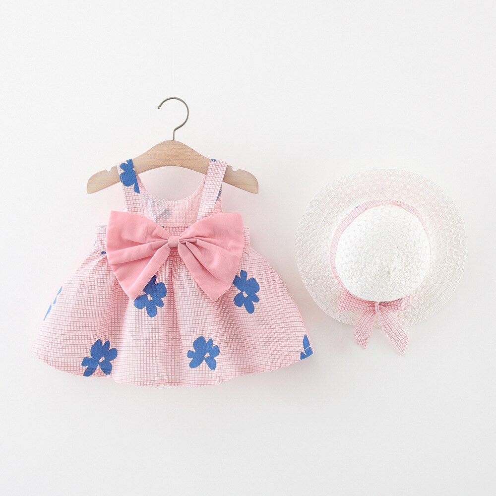 Sweet Summer Beach Dresses for Baby Girls with Plaid and Flower Print