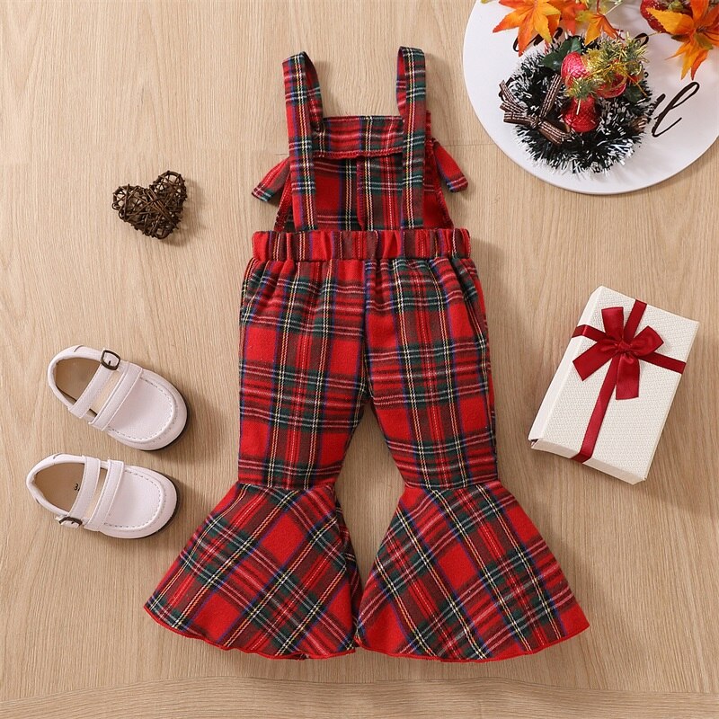 Festive Plaid Printed Suspender Pants for Girls