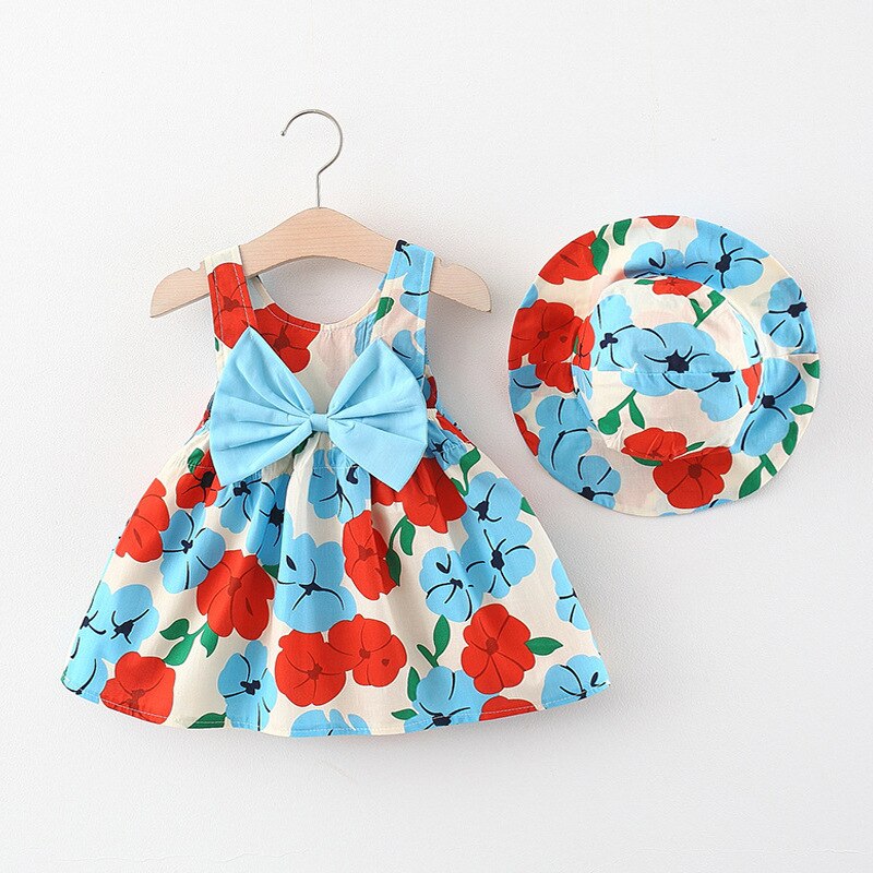 Sweet Summer Flower Baby Girl Dress Set with Bow and Hat