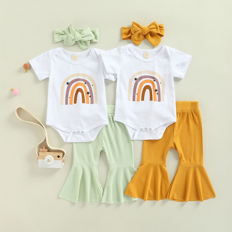 3pcs Fashion Summer Newborn Baby Girls Boys Clothes Sets Rainbow Print Short Sleeve Rompers Tops+Ribbed Knitted Flare Long Pants