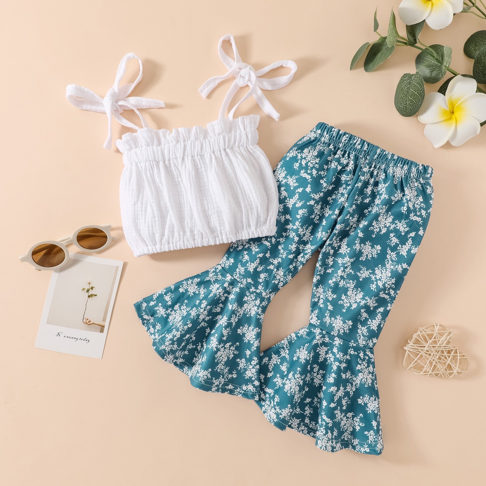 Toddler Girls Summer Clothes Set: Strap Top and Floral Flared Pants