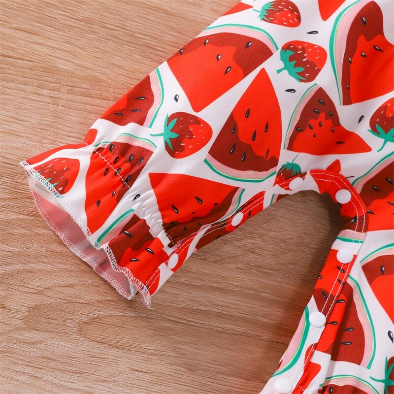 Cute and Comfortable Infant Baby Girls Watermelon Pattern Sleeveless Jumpsuit with Bow Headband for Summer