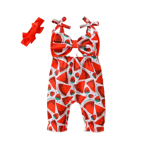 Cute and Comfortable Infant Baby Girls Watermelon Pattern Sleeveless Jumpsuit with Bow Headband for Summer