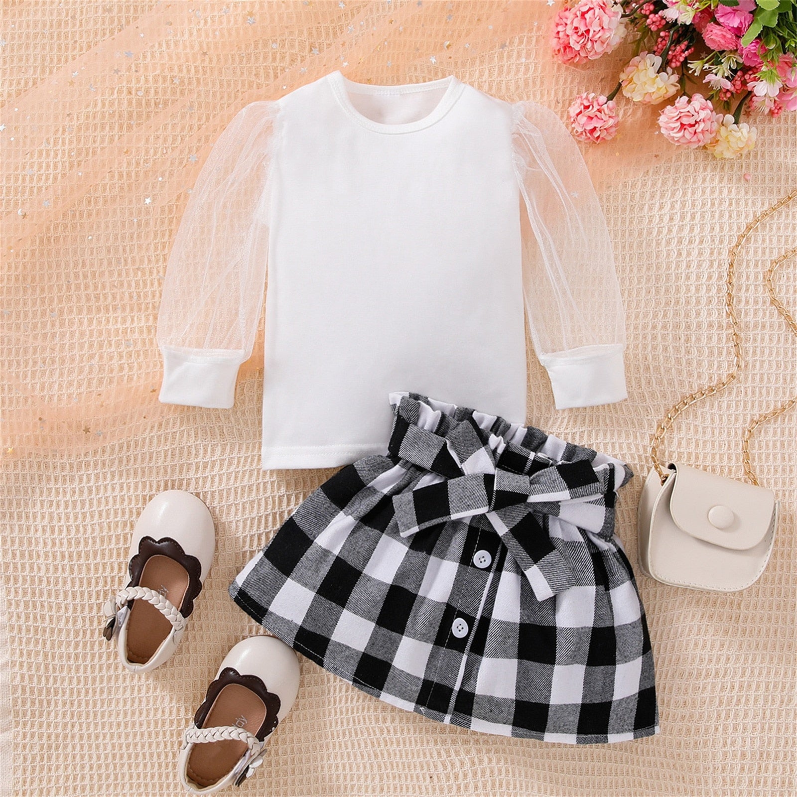 Fashionable Baby Girl Clothes Sets with Mesh Puff Sleeve Tops and Plaid Skirts
