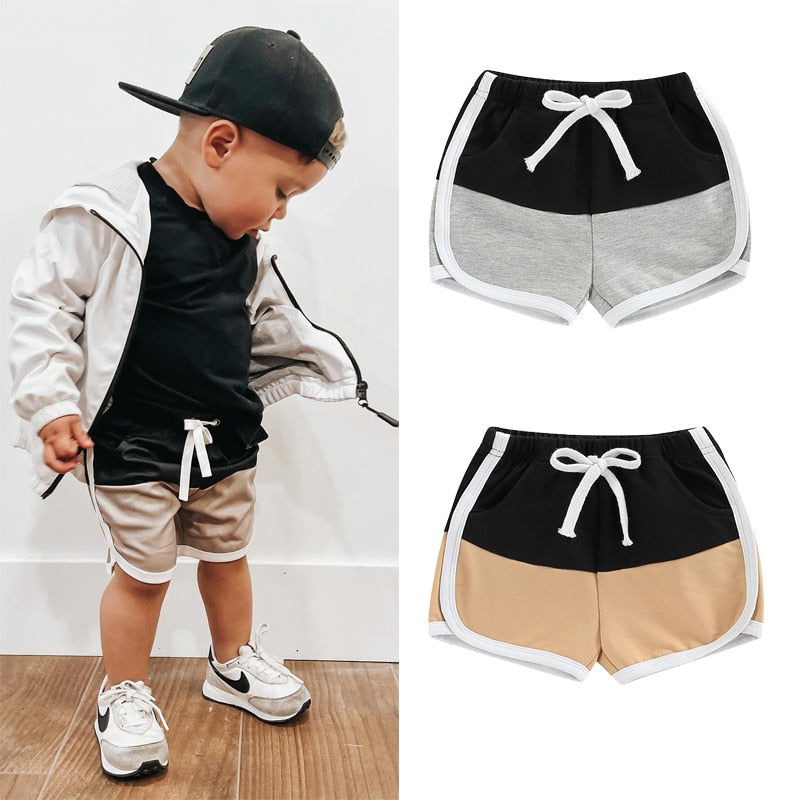 Summer Kids Boys Casual Shorts: Patchwork Color, Elastic Waist, Knee Length Beach Shorts