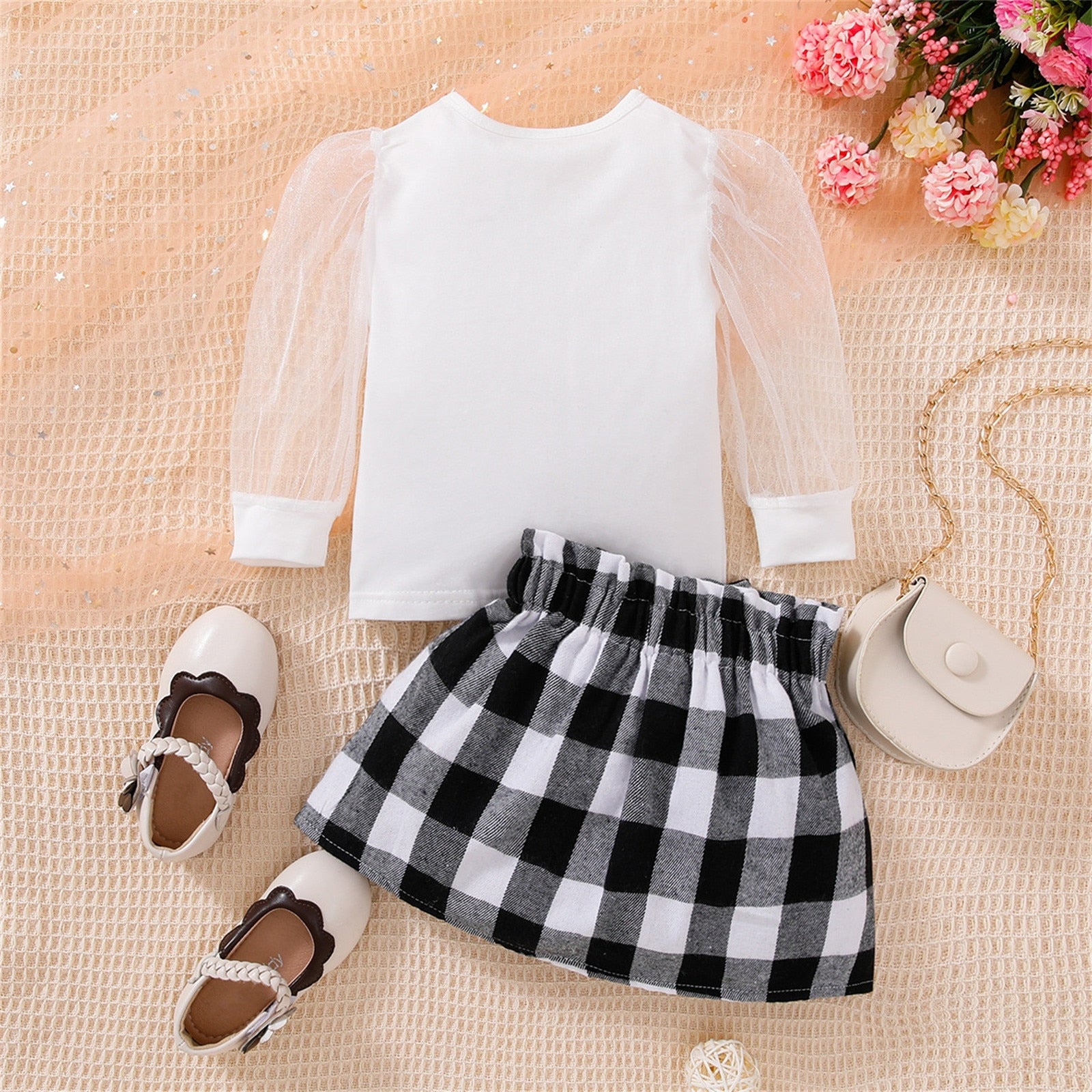 Fashionable Baby Girl Clothes Sets with Mesh Puff Sleeve Tops and Plaid Skirts