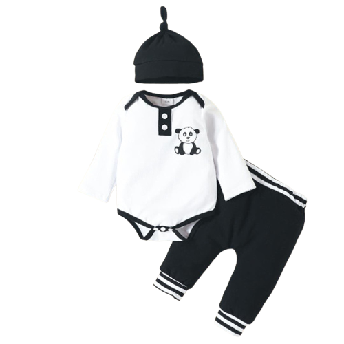 Adorable Autumn/Winter Baby Boy Clothes Set with Panda Print Bodysuit, Pants, and Hat