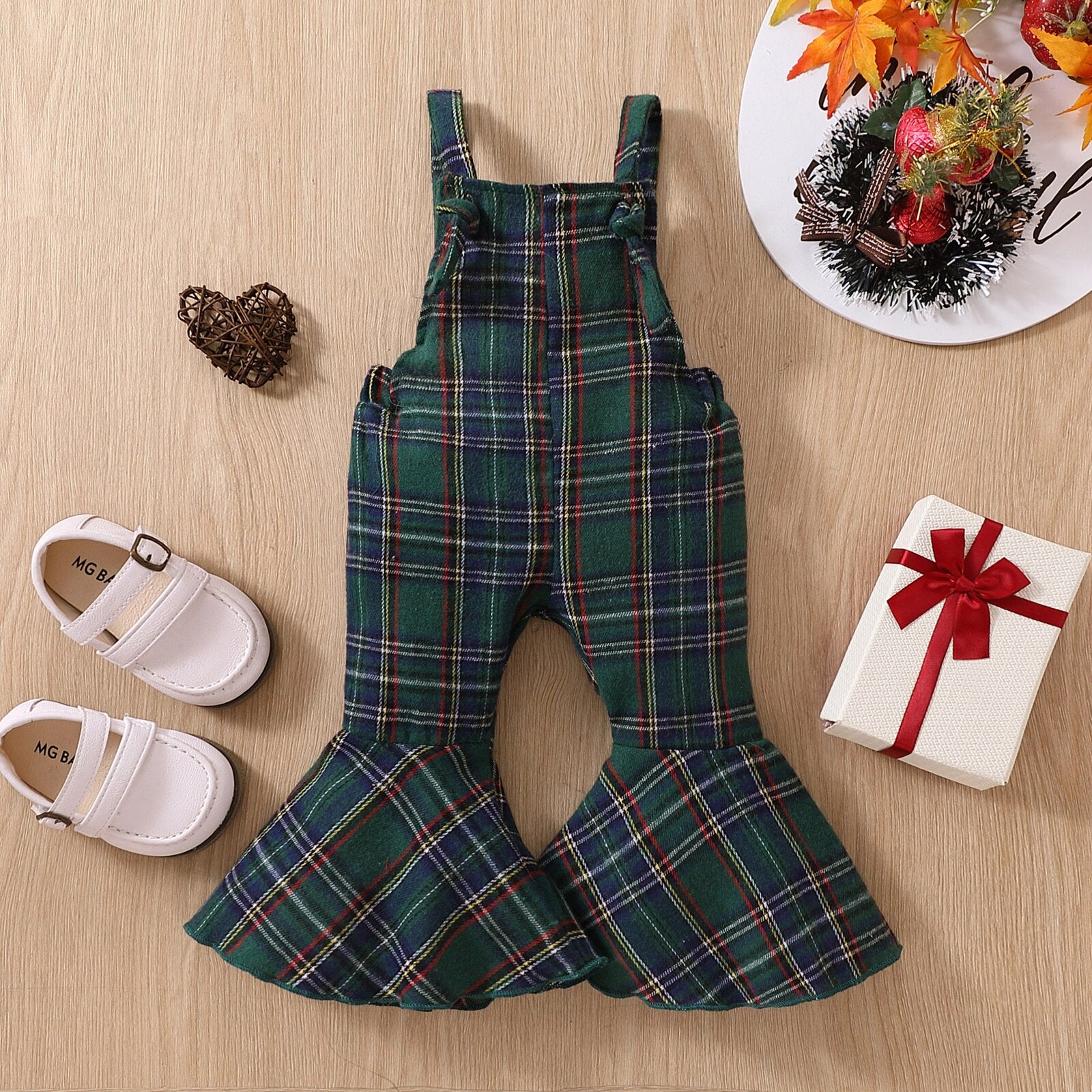 Festive Plaid Printed Suspender Pants for Girls
