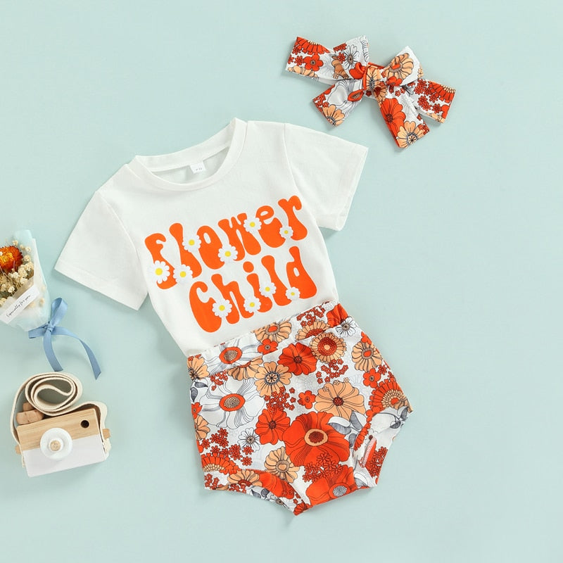 Summer Infant Baby Girls Clothes Sets - Letter Print Short Sleeve T-shirt and Floral Shorts Outfits with Headband