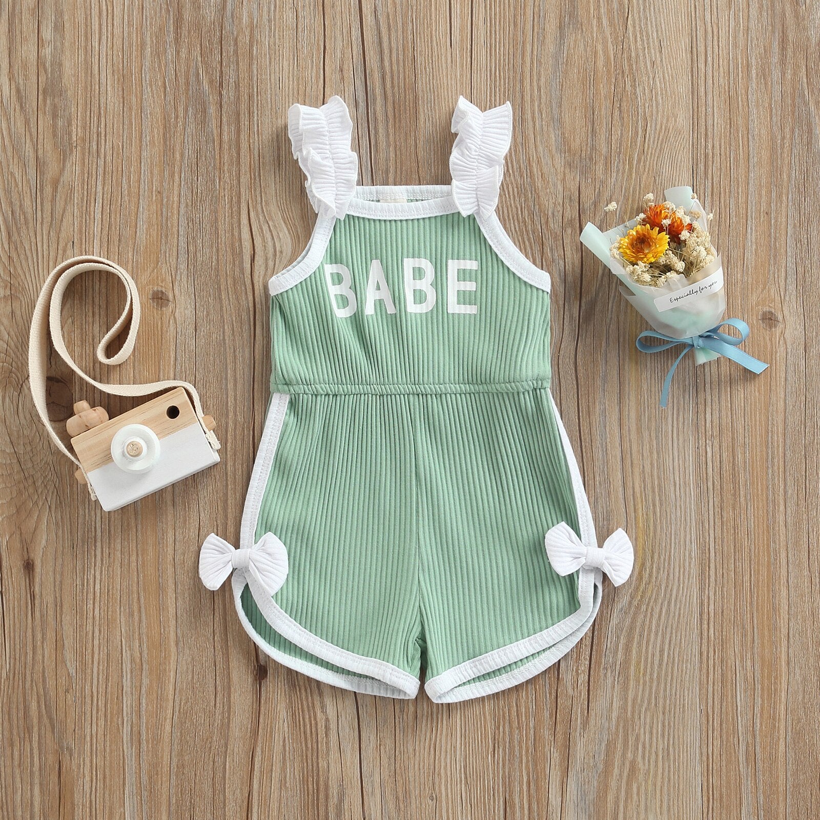 BABE Letter Ruffles Strap Sleeveless High Waist Rompers for Infant Girls