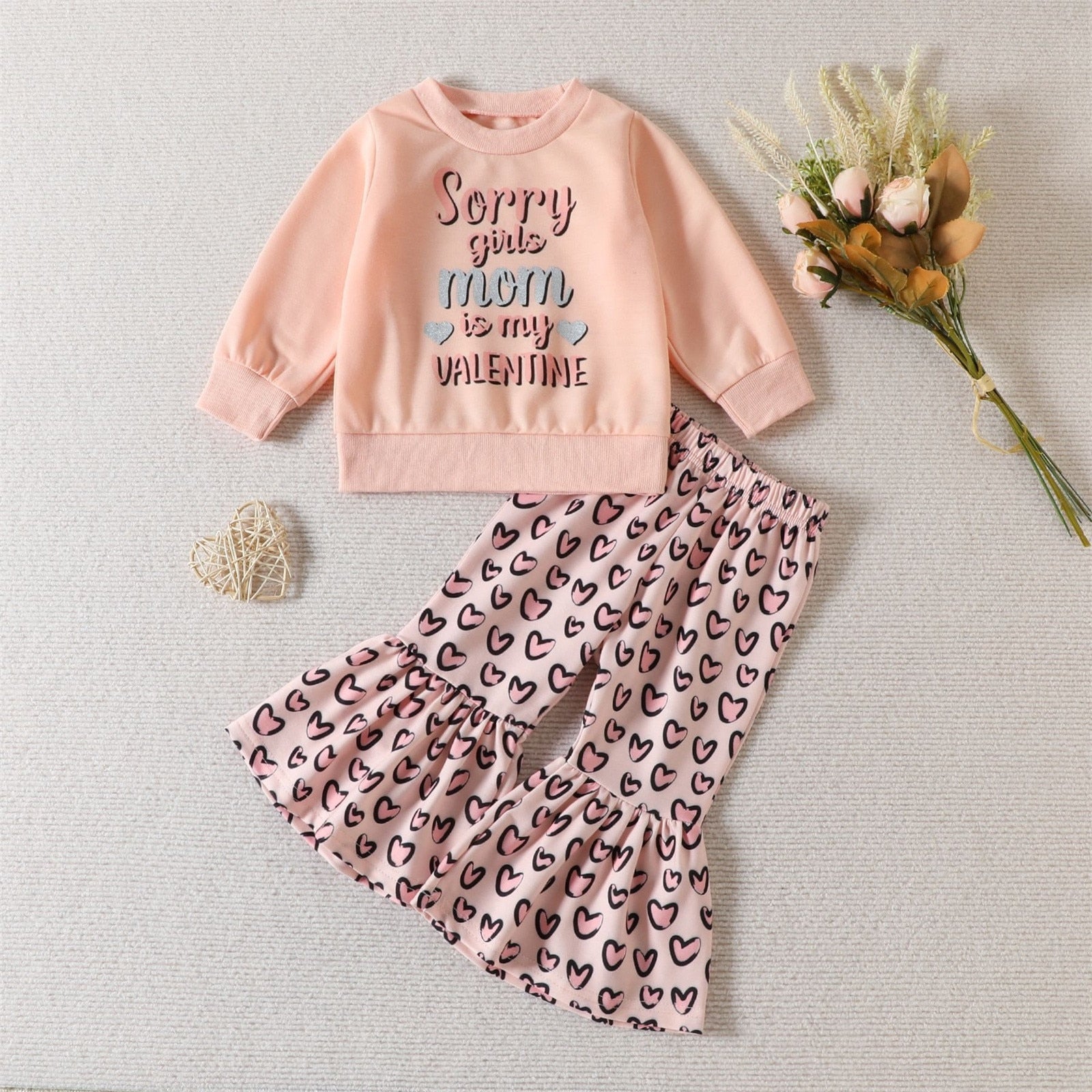 Valentine's Day Kids Girls 2pcs Clothes Sets Love Letter Long Sleeve Tops Bell Bottom Pants Sets Clothes Children Outfits