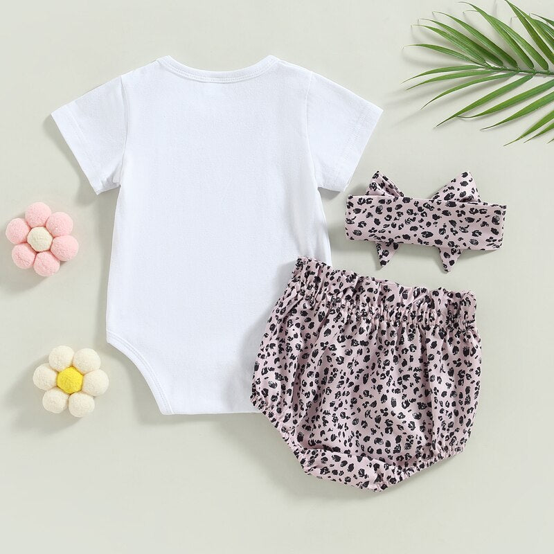 Lovely Baby Girl Summer Clothes Sets 0-18M Letter Print Short Sleeve Bodysuits+Ruffles High Waist Shorts+Headband Outfits
