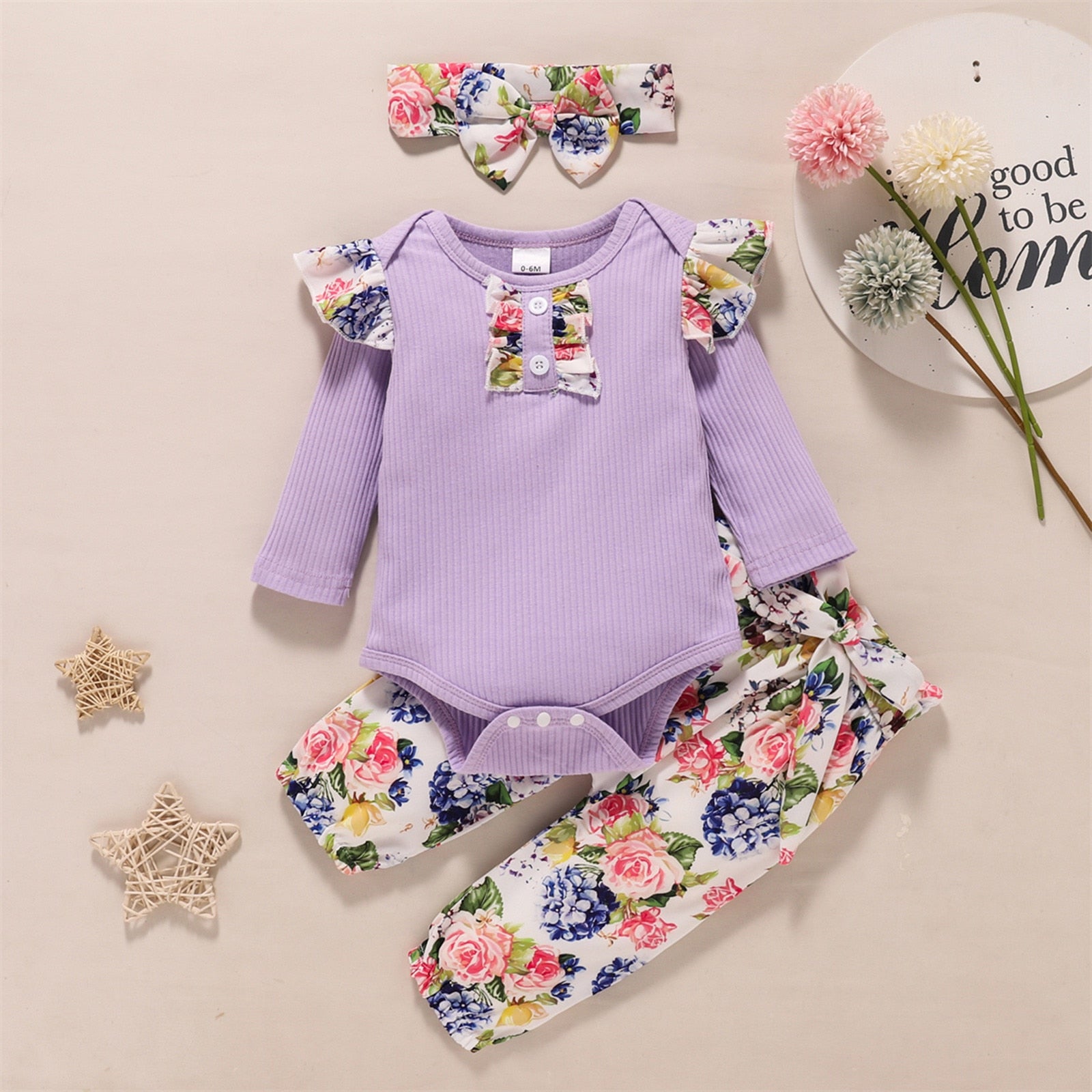 Stylish 3-Piece Newborn Baby Girl Clothing Set with Ruffled Romper, Bow Flower Pants and Headband