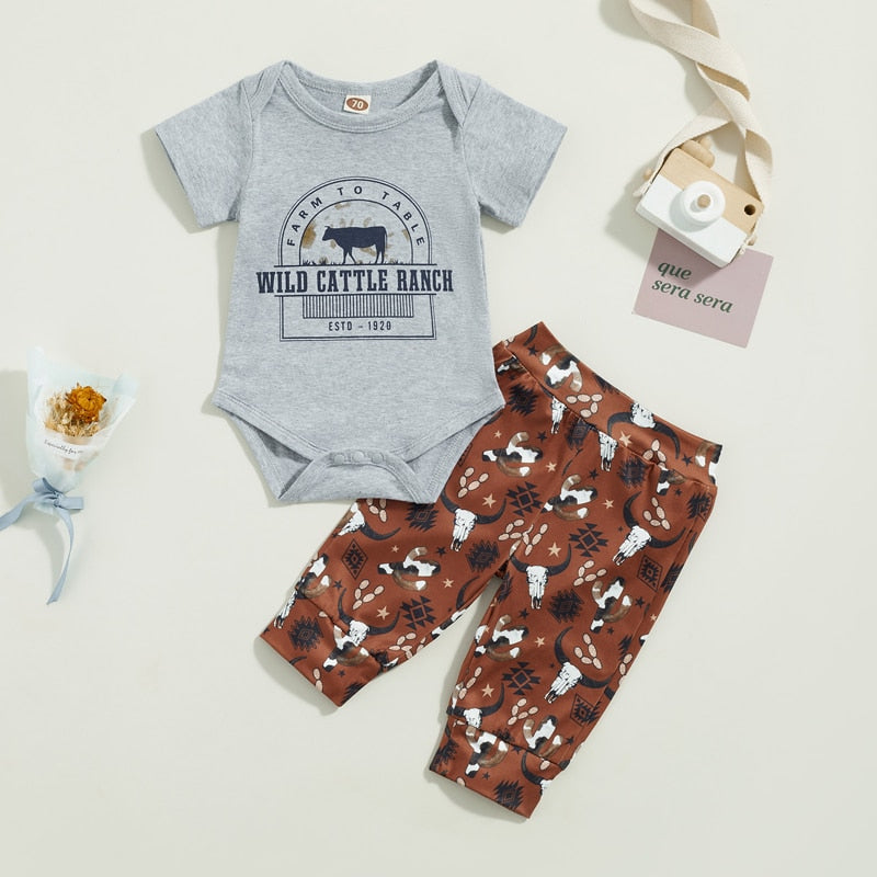 Adorable Baby Boys Summer Clothing Set with Cattle Letter Print Bodysuits and Long Pants