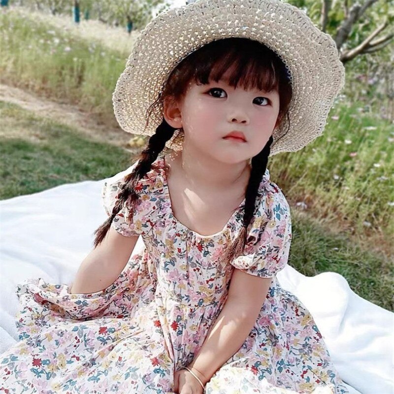 Retro Floral Baby Girl Summer Dress with Puff Sleeves and Backless Design