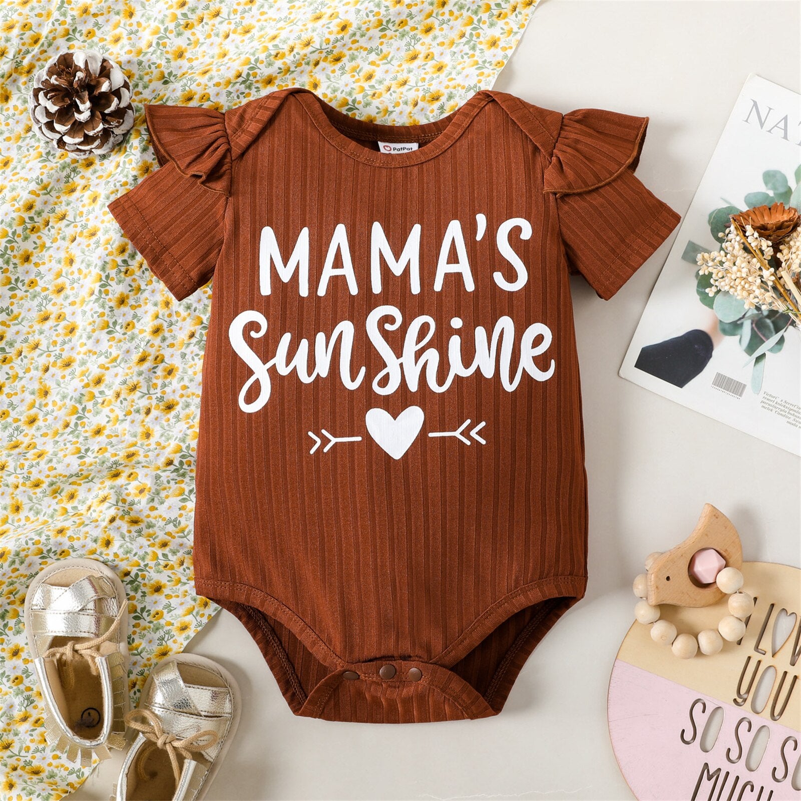 Newbrow Baby Girl Summer Romper with Ribbed Ruffle and Letter Print