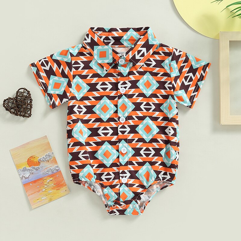 Vintage Summer Newborn Baby Boys Shirts Bodysuits - Cattle Cactus Print Button Short Sleeve Jumpsuits Playsuits Clothes