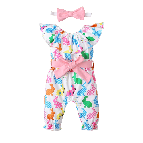 Easter 3pcs Baby Girl Rabbit Jumpsuit with Belt & Headband Set