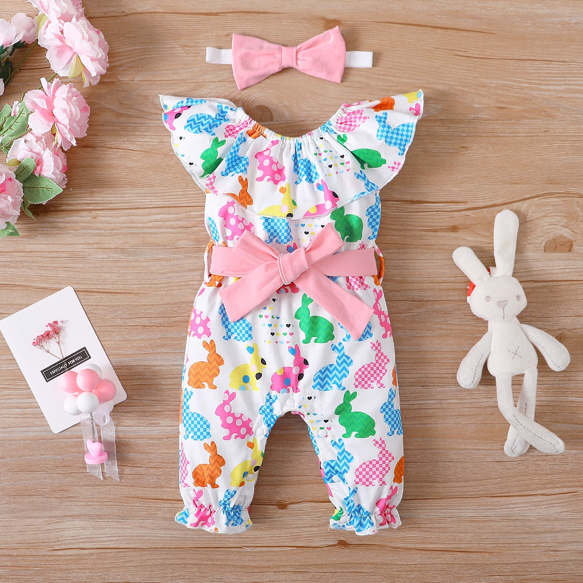 Easter 3pcs Baby Girl Rabbit Jumpsuit with Belt & Headband Set