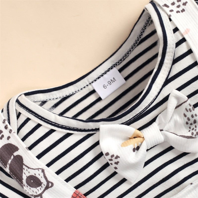 Adorable Newborn Baby Casual Outfit - Short Sleeve Stripe Top and Cartoon Animal Suspender Pants Set