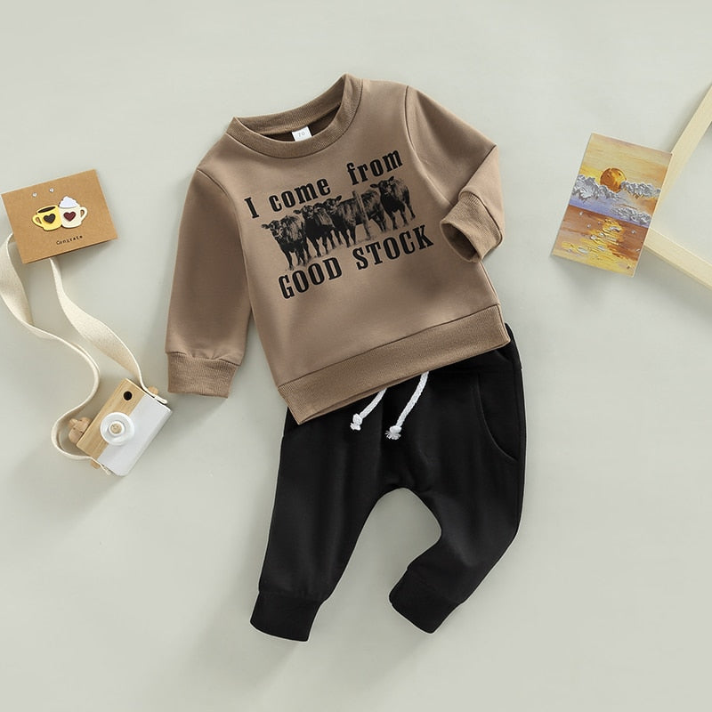 Rustic Style Baby Boy Clothes: Cow Print Sweatshirt and Drawstring Pants Set