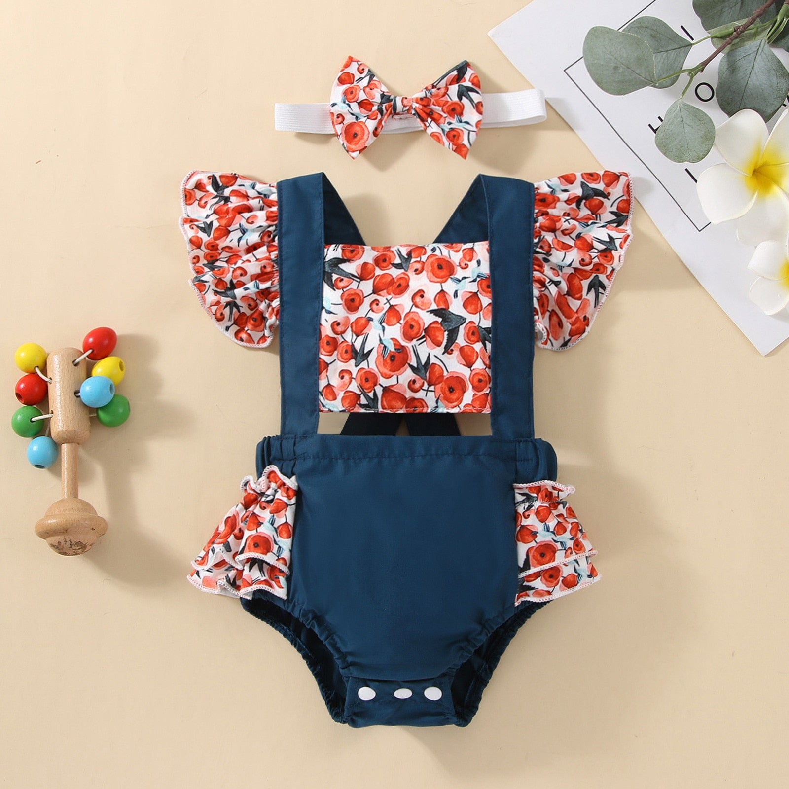 Adorable Newborn Baby Girls Romper with Flying Sleeves and Animal/Flower Print